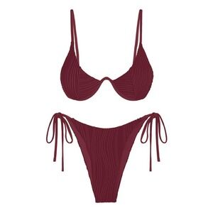NWT ZAFUL Ribbed Underwire Bikini Set Side Tie Thong Wine Red Large